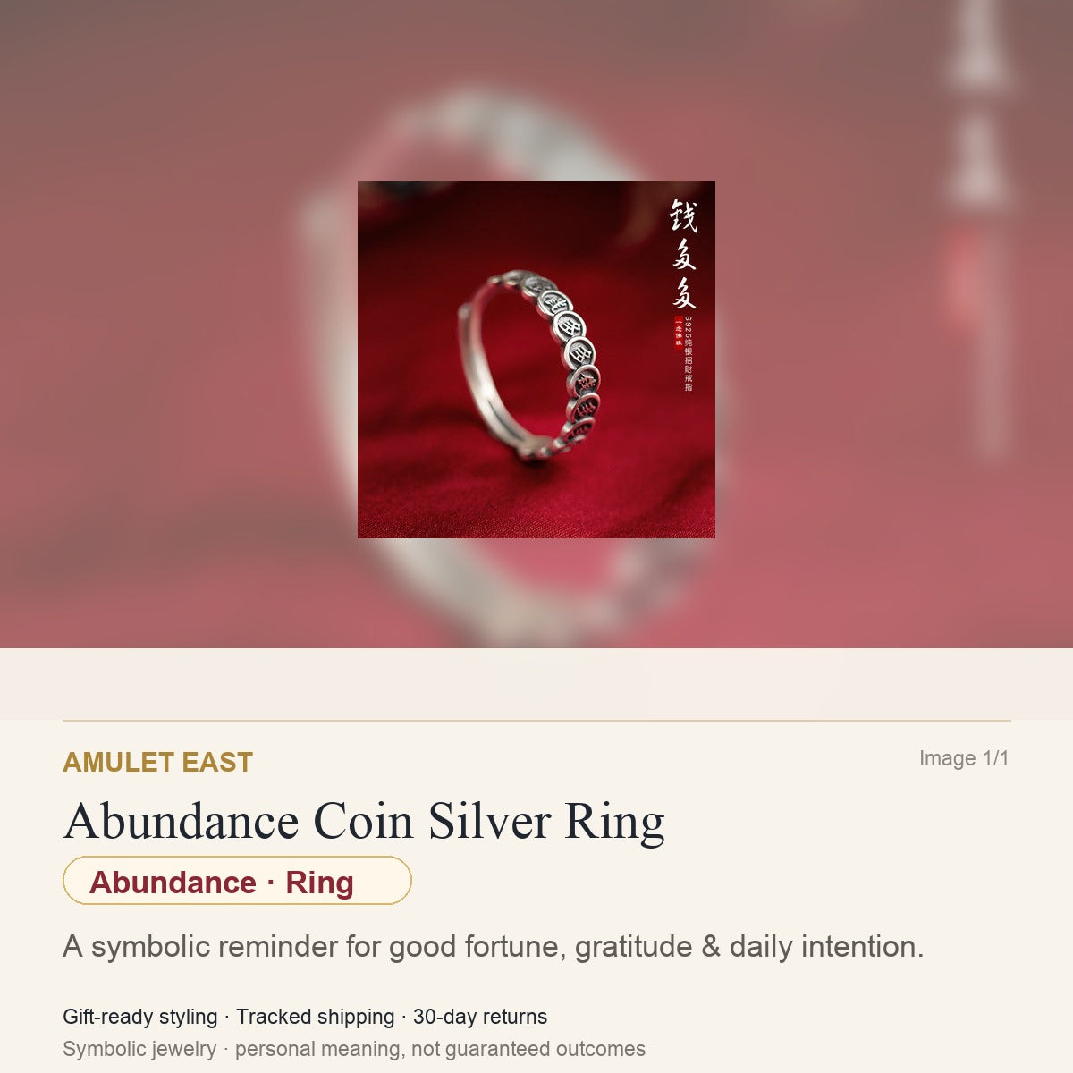 Abundance Coin Silver Ring — English meaning card for abundance and gift-ready symbolic jewelry