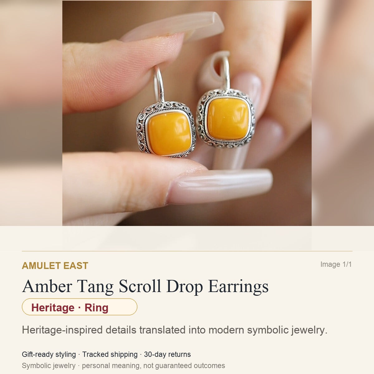 Amber Tang Scroll Drop Earrings — English meaning card for heritage and gift-ready symbolic jewelry