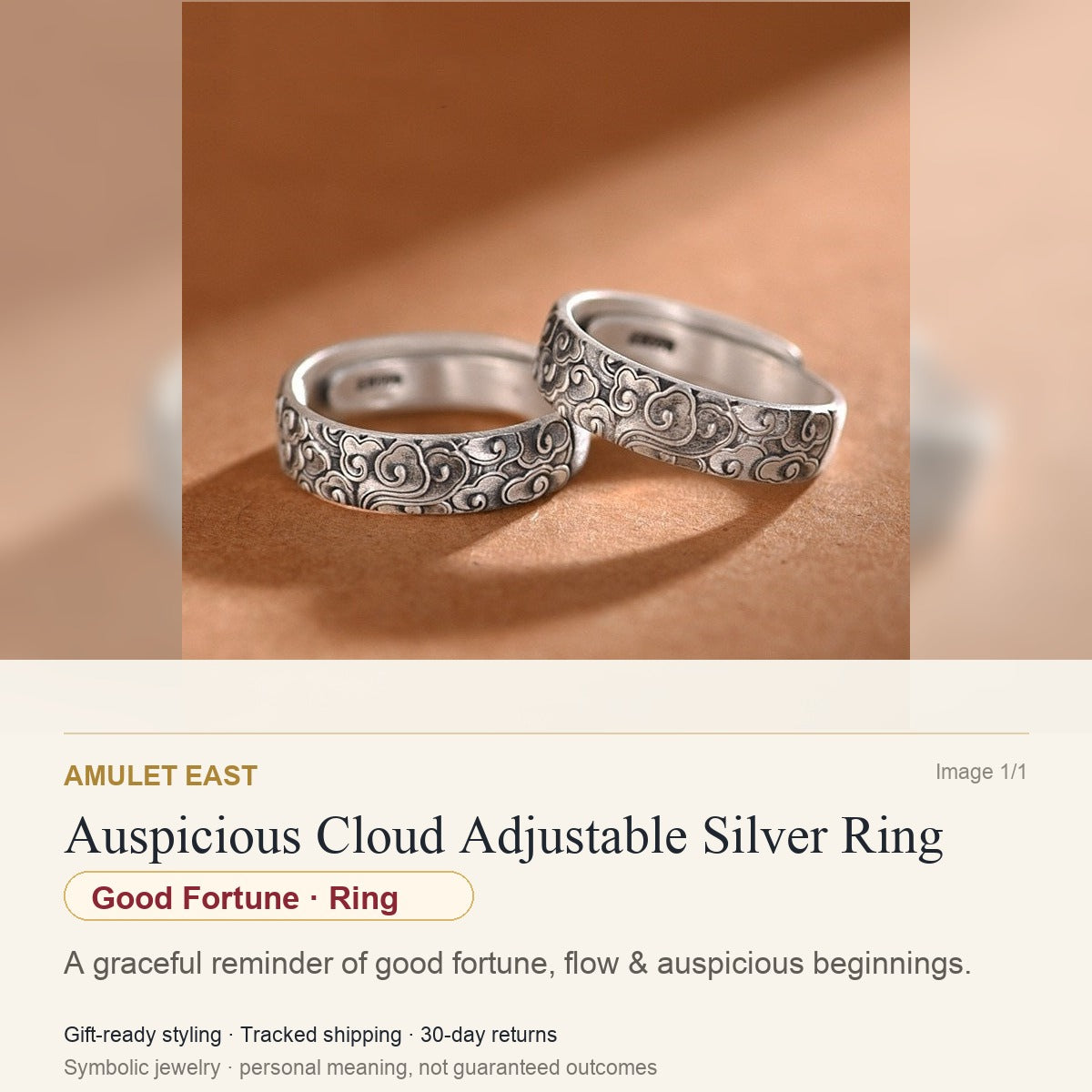 Auspicious Cloud Adjustable Silver Ring — English meaning card for good fortune and gift-ready symbolic jewelry