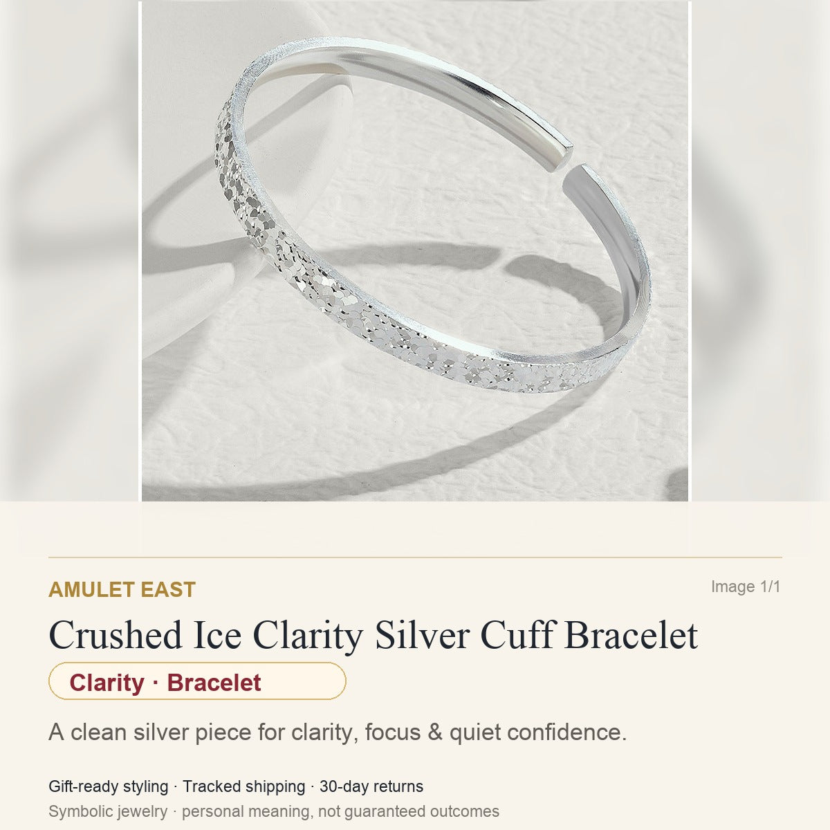 Crushed Ice Clarity Silver Cuff Bracelet — English meaning card for clarity and gift-ready symbolic jewelry