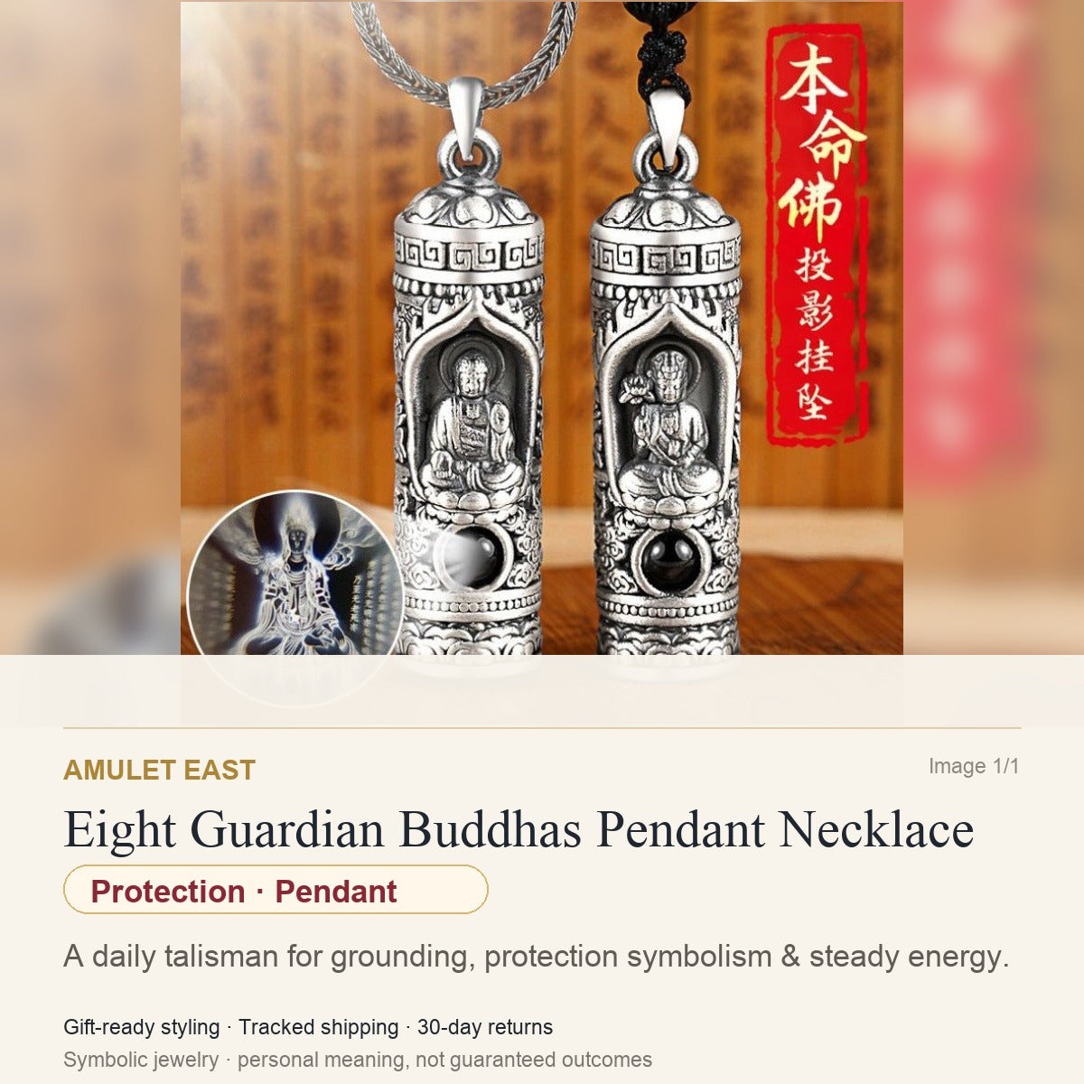 Eight Guardian Buddhas Pendant Necklace — English meaning card for protection and gift-ready symbolic jewelry