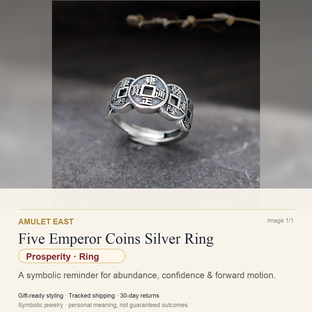 Five Emperor Coins Silver Ring — English meaning card for prosperity and gift-ready symbolic jewelry