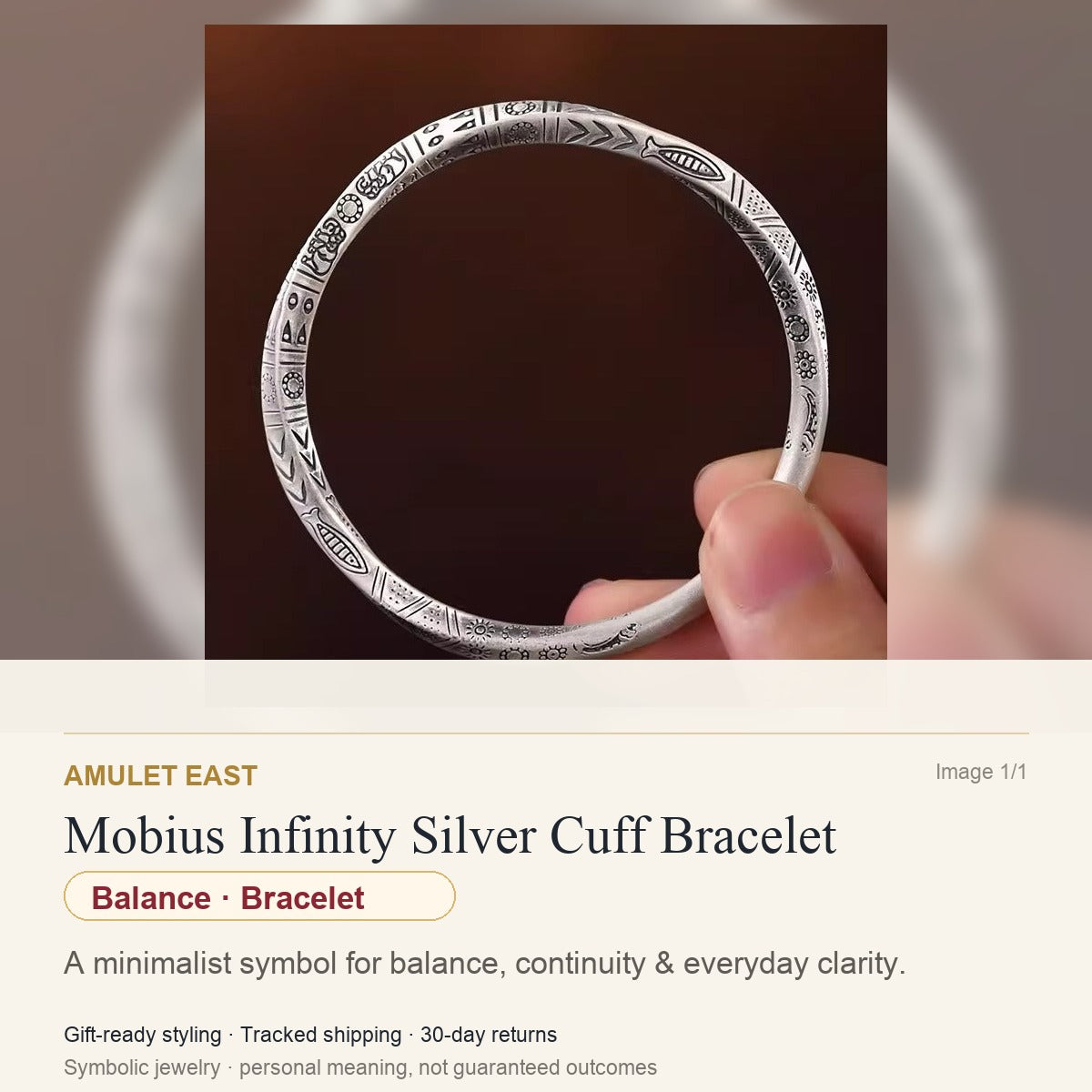 Mobius Infinity Silver Cuff Bracelet — English meaning card for balance and gift-ready symbolic jewelry