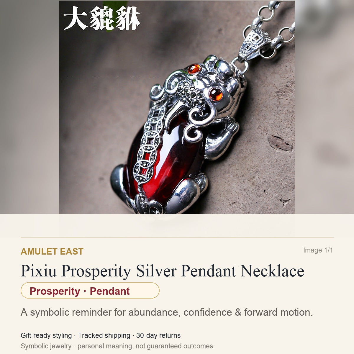 Pixiu Prosperity Silver Pendant Necklace — English meaning card for prosperity and gift-ready symbolic jewelry
