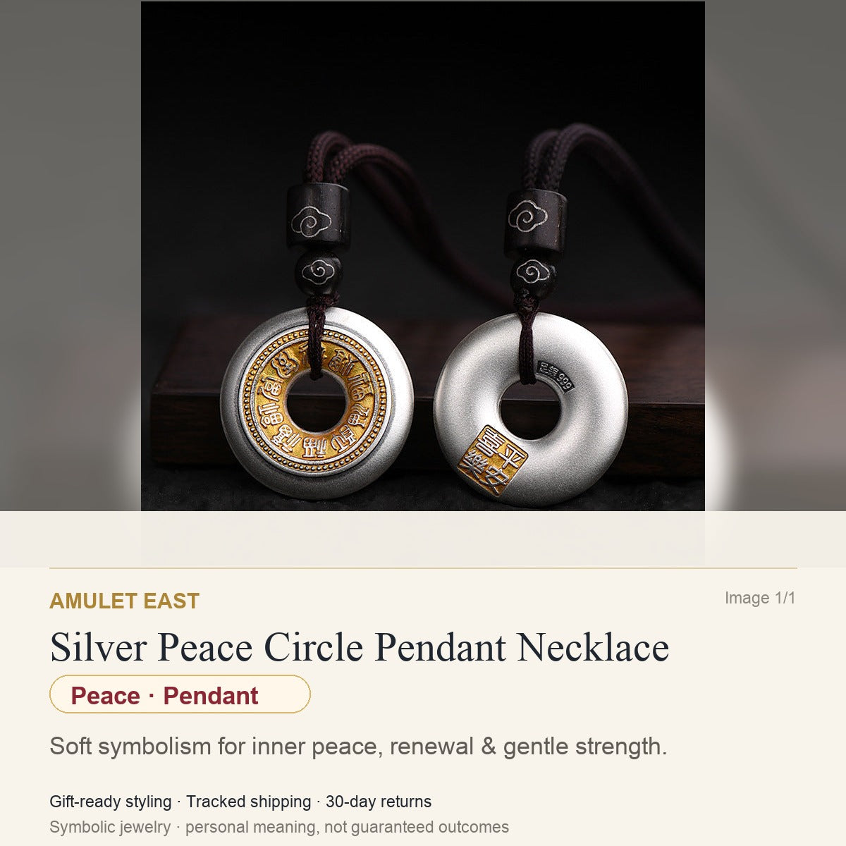 Silver Peace Circle Pendant Necklace — English meaning card for peace and gift-ready symbolic jewelry