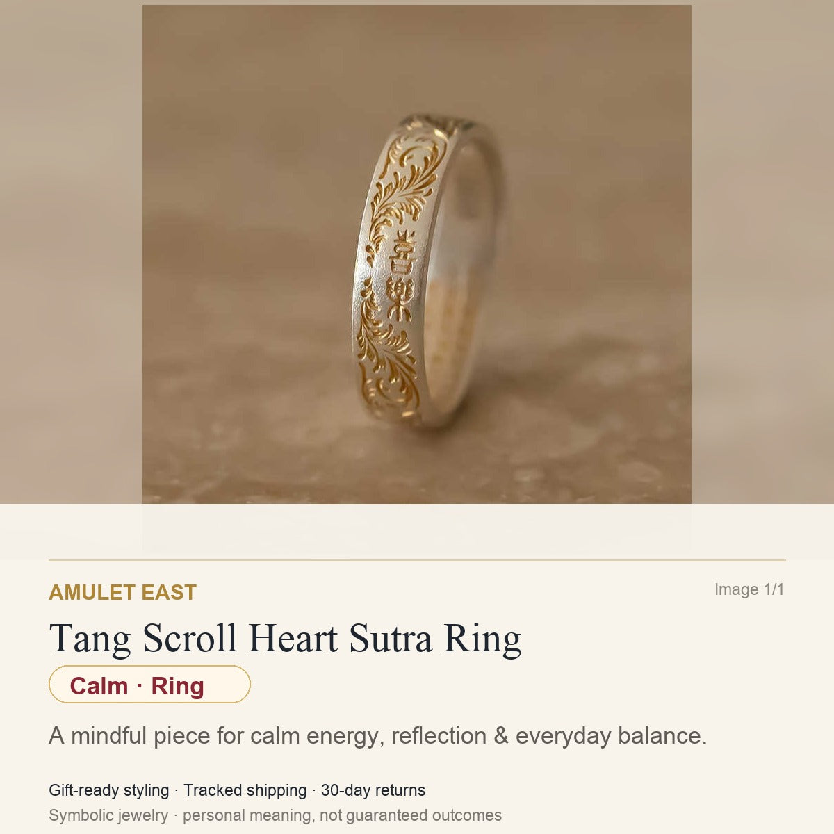 Tang Scroll Heart Sutra Ring — English meaning card for calm and gift-ready symbolic jewelry