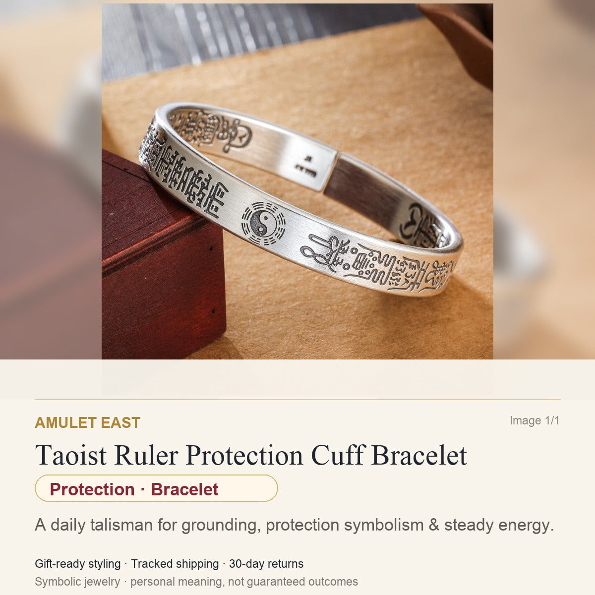 Taoist Ruler Protection Cuff Bracelet — English meaning card for protection and gift-ready symbolic jewelry