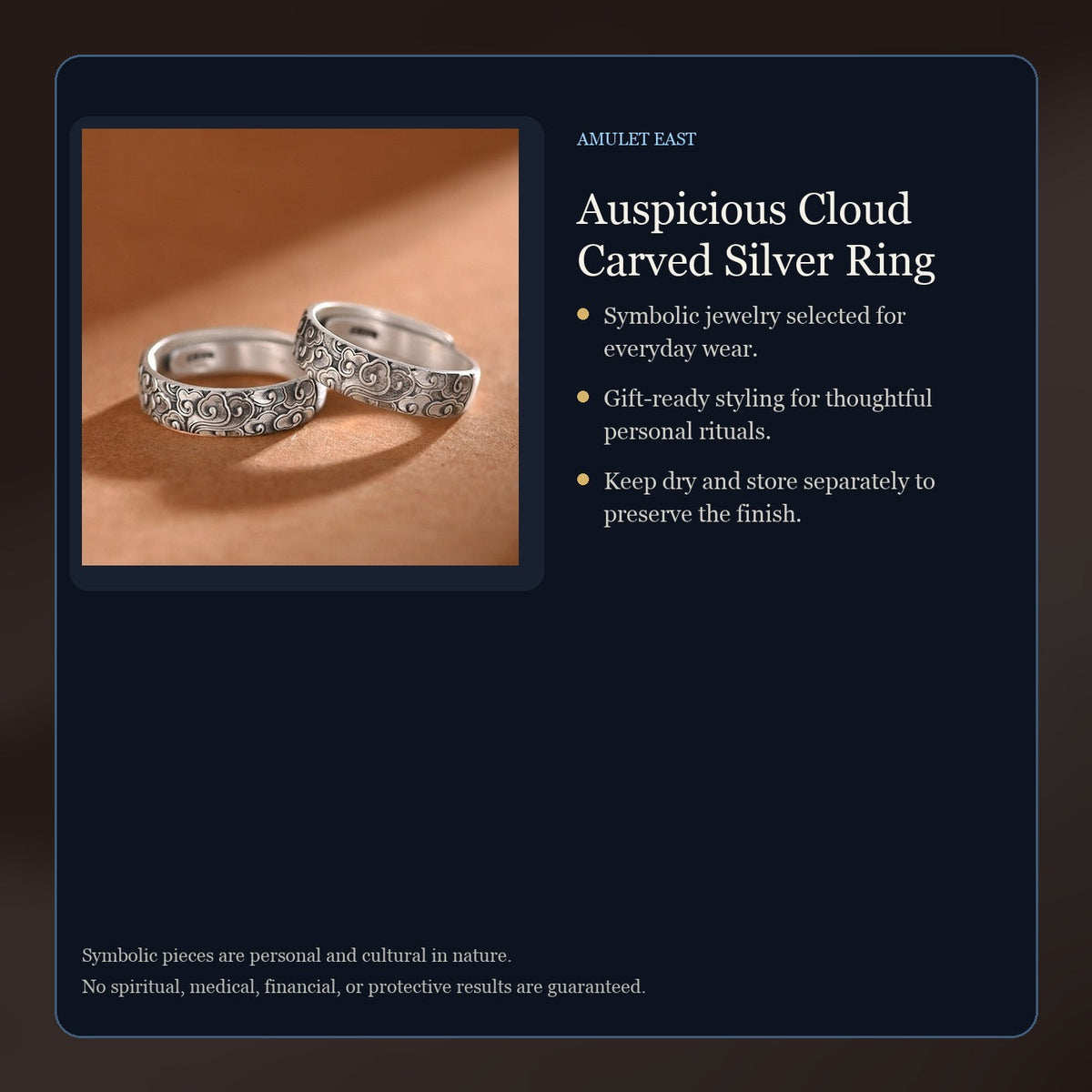 Auspicious Cloud Carved Silver Ring care and symbolism card