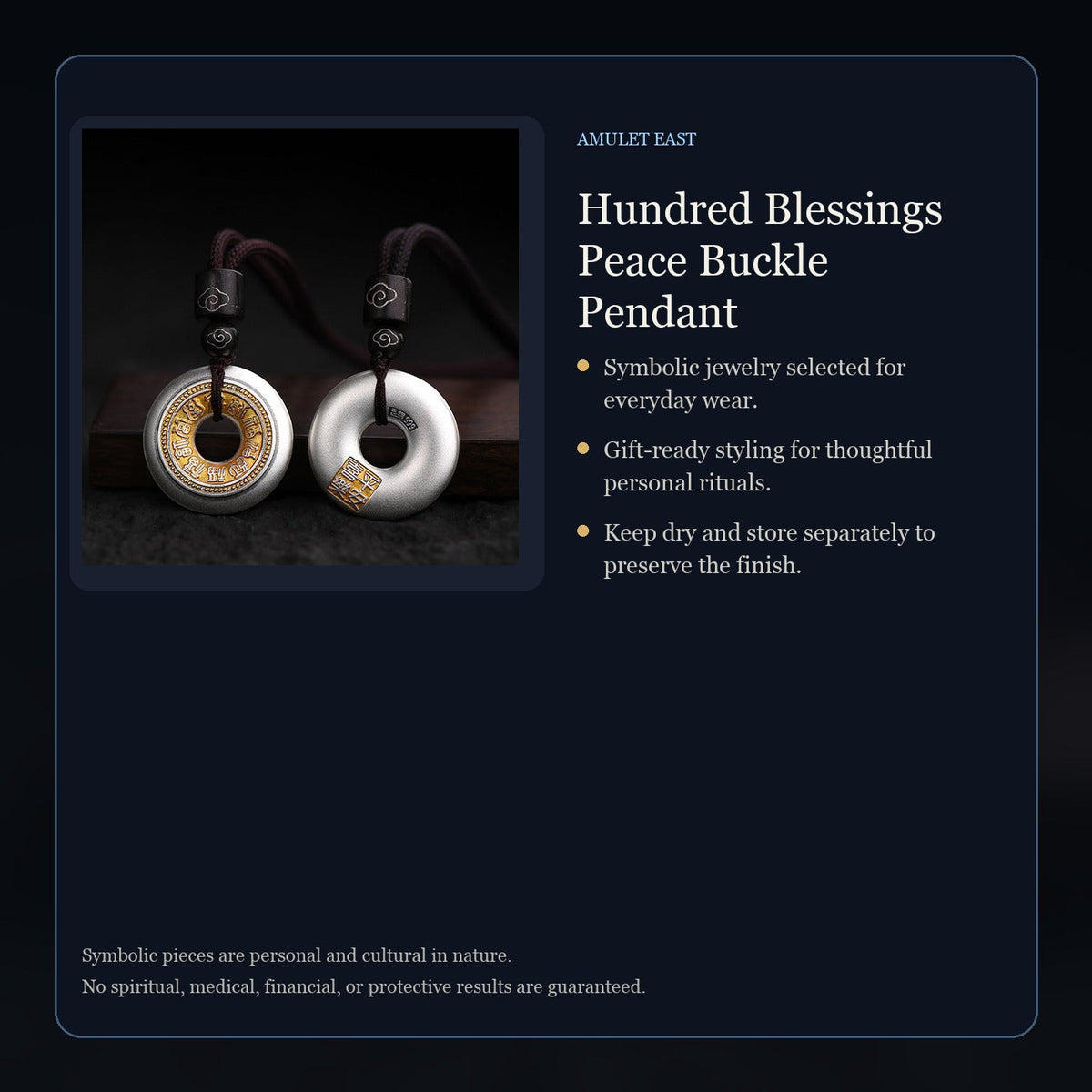 Hundred Blessings Peace Buckle Pendant care and symbolism card