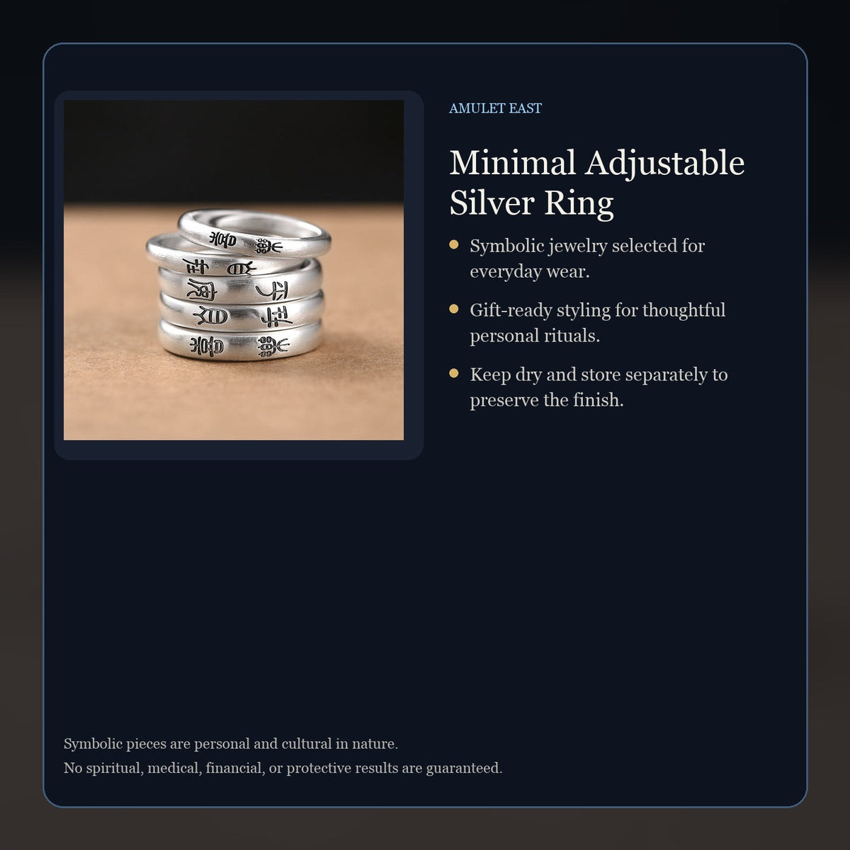 Minimal Adjustable Silver Ring care and symbolism card