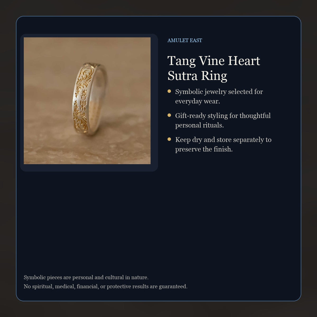 Tang Vine Heart Sutra Ring care and symbolism card