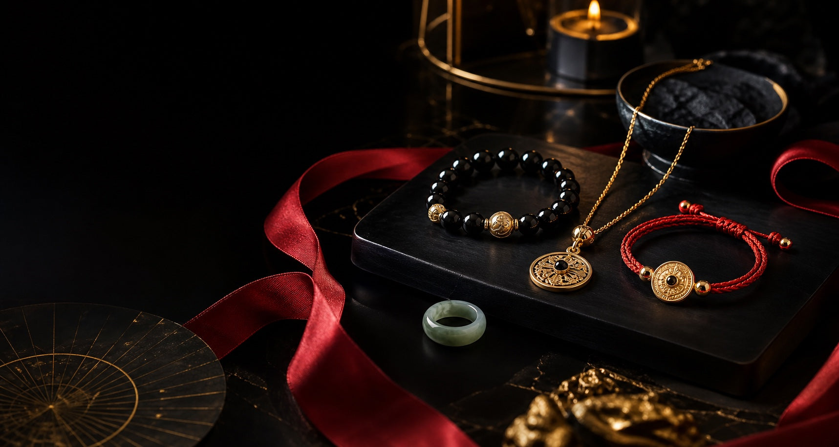 Dark editorial jewelry arrangement with symbolic bracelets and pendants